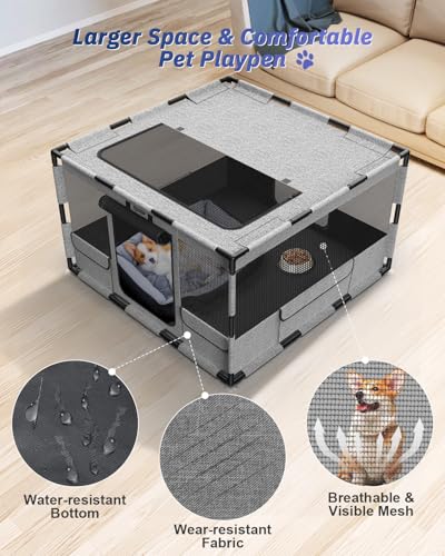 Dog Playpen, 43x43x26 Inches Puppy Playpen Portable with Top Cover, Thickened Fabric Tear Resistant Waterproof Bottom with Breathable Mesh Dog Fence for Indoor and Outdoor, Gray - Image 3