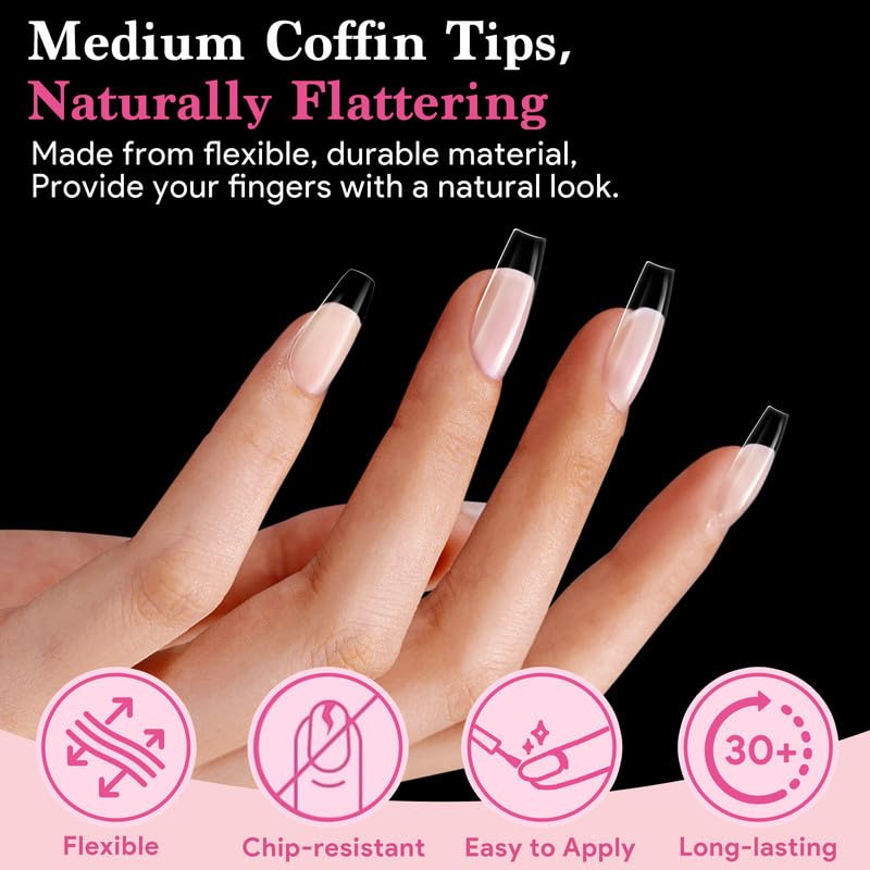 Image of Medium Coffin Nail Tips, 15 Sizes 510 PCS Clear Gel Tips | 510 PCS clear medium coffin tips with half-matte full cover, pre-shaped for bulk salon or home manicures.