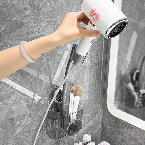 Eason1874 Hands-free Hair Dryer Holder With 360° Adjustment, Wall Mounted No-hole Blowdryer Holder,Compatible Hair Care Tools (Transparent Gray)