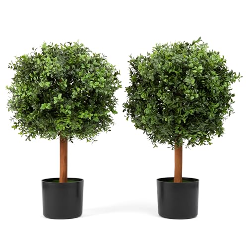 DRAY Paquete de 2 plantas artificiales de boj de 22 pulgadas para exteriores con maceta negra, resistente a los rayos UV, vegetación realista para jardín, patio, porche o maceta