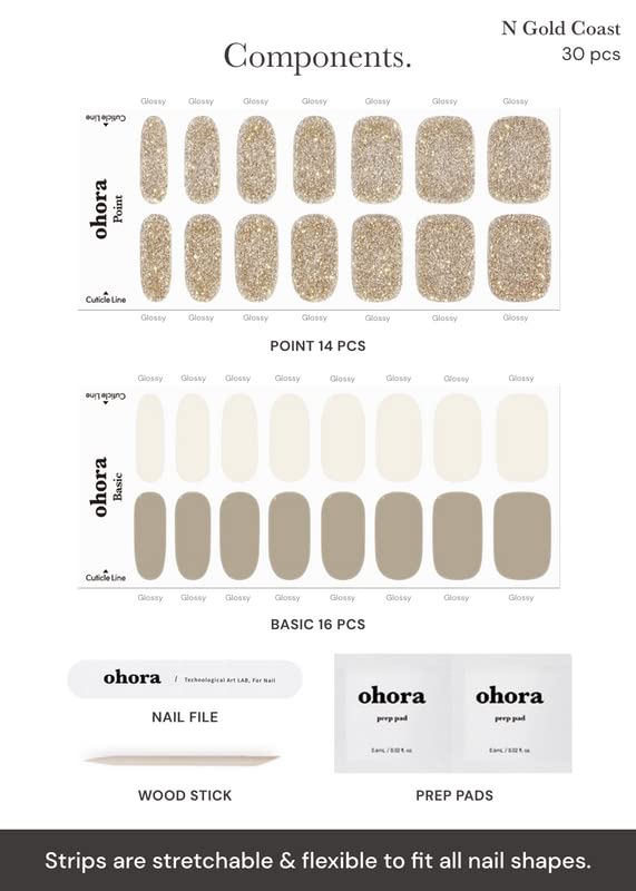 Image of ohora Semi Cured Gel Nail Strips (N Gold Coast) - Brown, Glitter, Works with Any UV /LED Lamps, Salon-Quality, Long Lasting, Easy to Apply & Remove - Includes 2 Prep Pads, Nail File & Wooden Stick