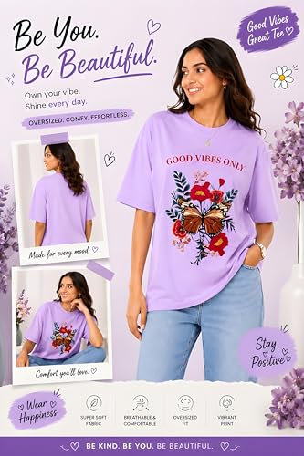 Image of Amazon Brand - Anarva Women Oversized Graphic Printed T Shirt 100% Cotton Drop Shoulder Loose Fit Baggy Casual Tshirt for Girls