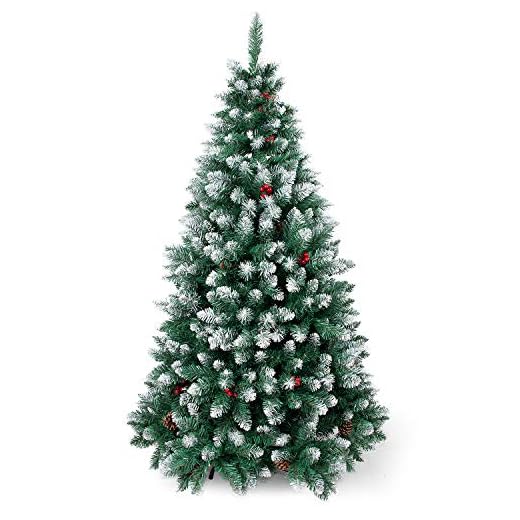Sunjas Sapin de Noël Artificiel, matériau en PVC, Support en métal, décoration d'Arbre de Noël avec Blanc enneigé, Fruits Rouges, Ananas véritables 150CM