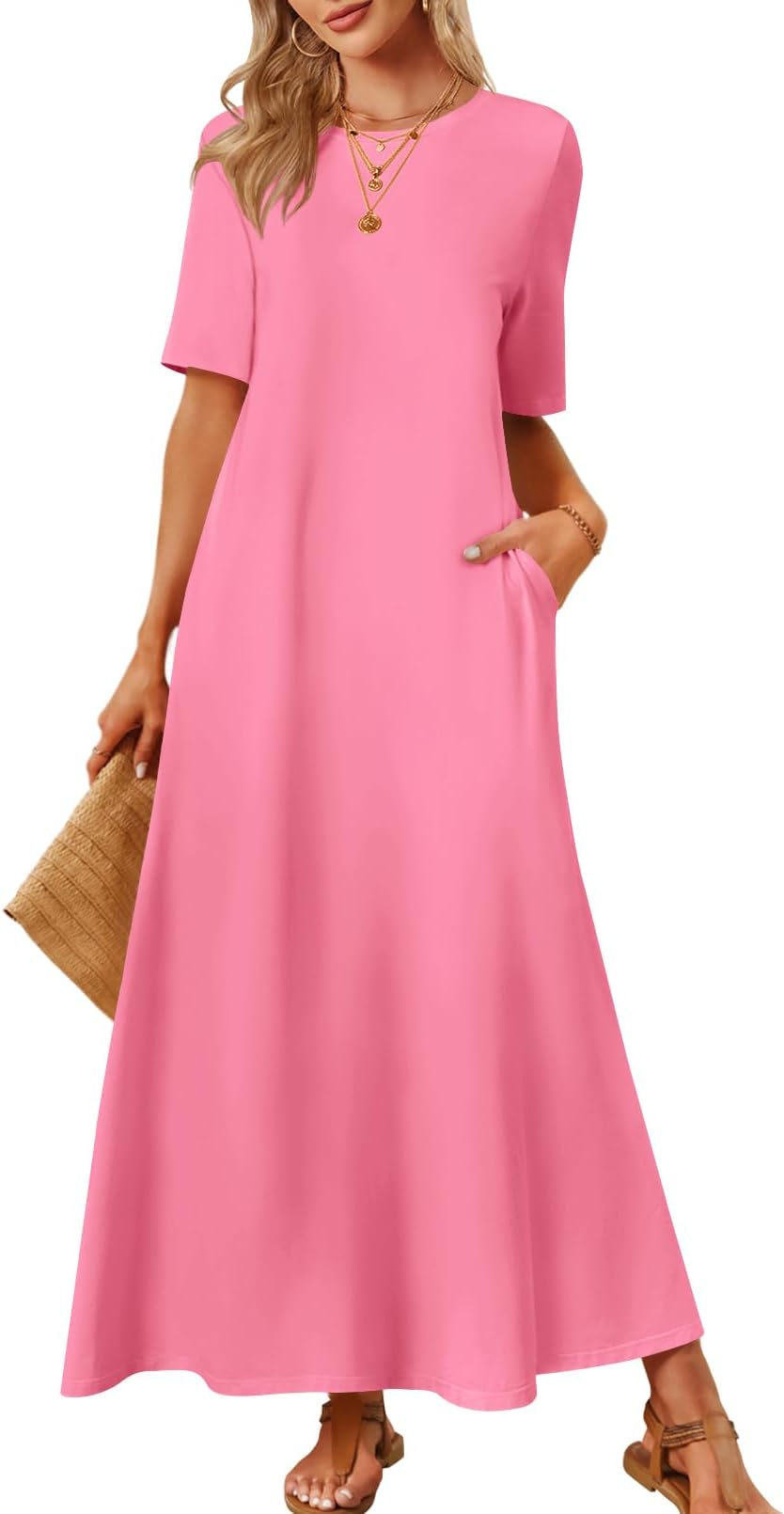 MEROKEETY Summer Spring Maxi Dresses for Women 2026 Casual Vacation Crew Neck Short Sleeve Long T Shirt Dress with Pockets