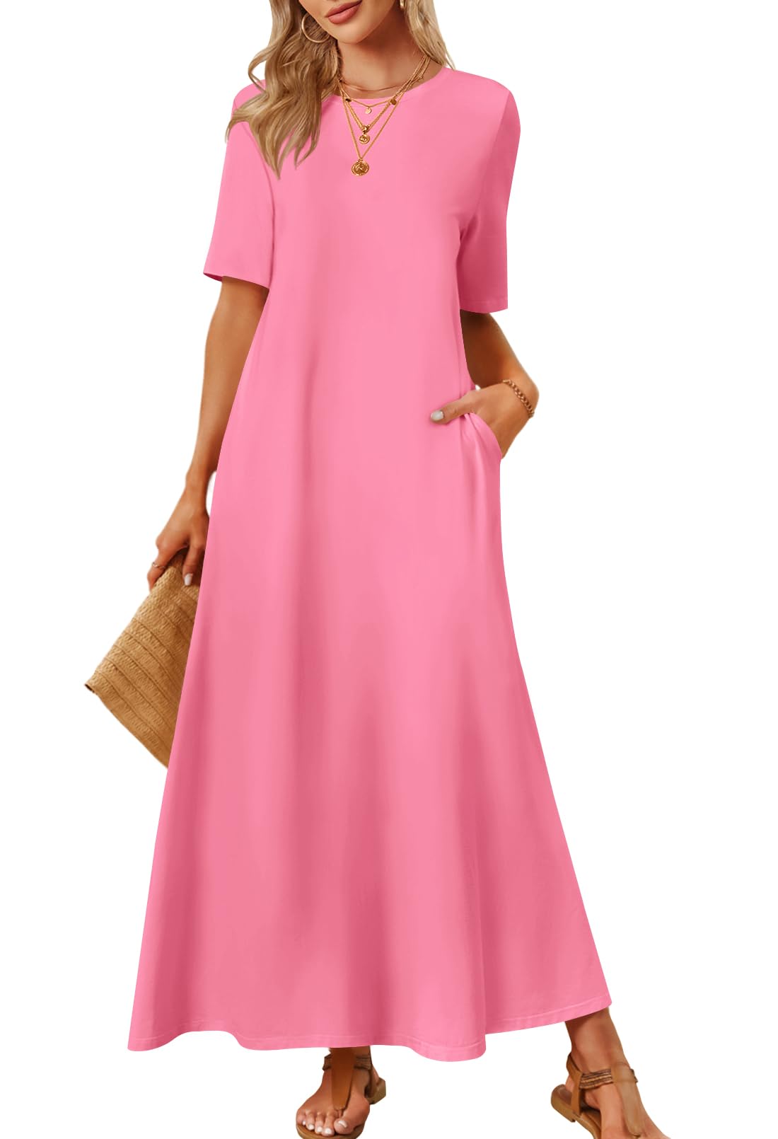 MEROKEETY Women's 2025 Summer Maxi Dress Casual Short Sleeve Beach Vacation Crewneck Basic Long T Shirt Dresses
