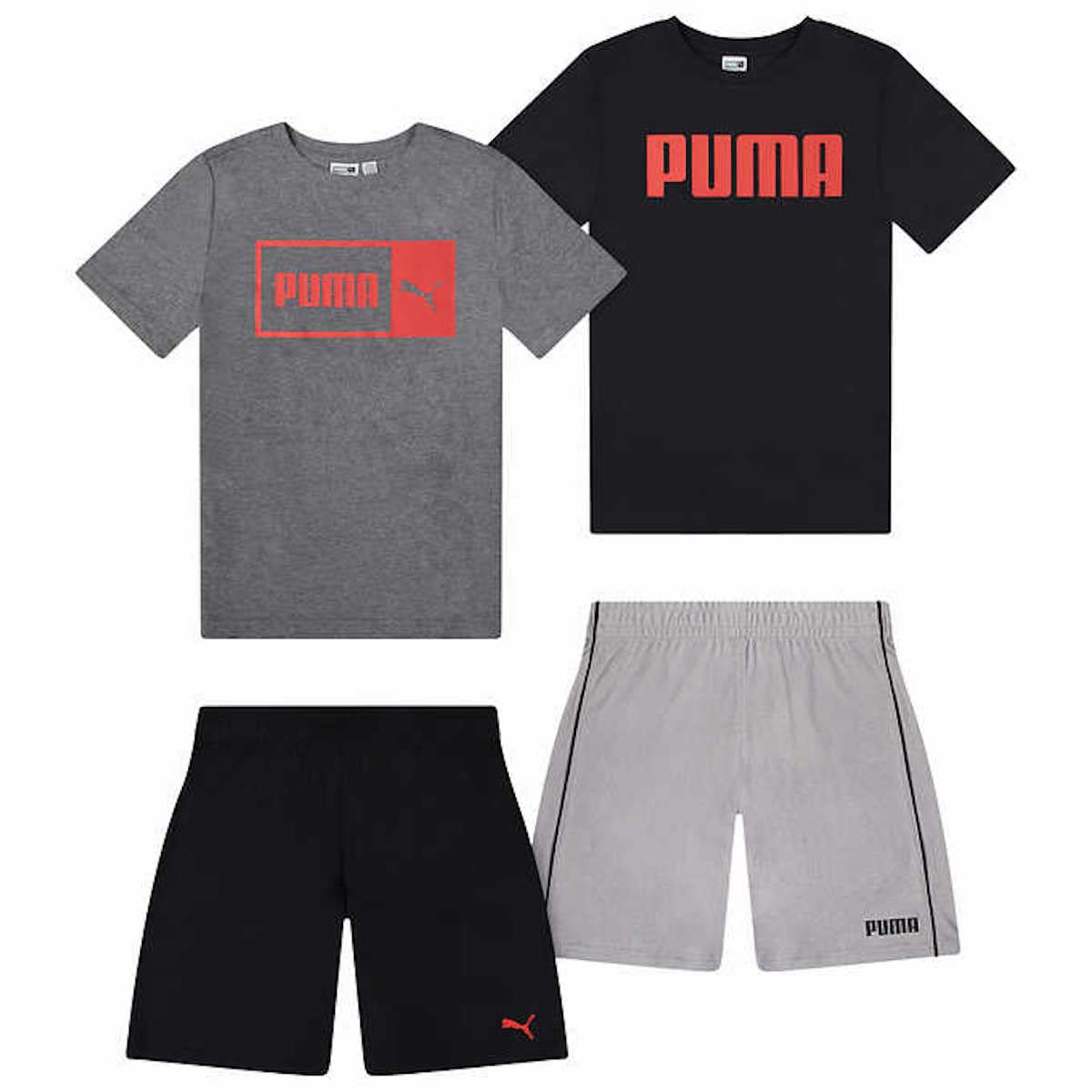 Ensemble de sport Puma pour garçon avec deux t-shirts et deux shorts noirs gris