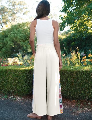 Image of TARSE Womens Wide Leg Linen Pants Summer Casual Drawstring Loose Lounge Palazzo Crochet Panel Pant with Pocket