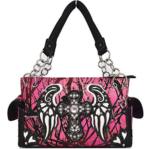 Camouflage Rhinestone Cross Laser Cut Shine Glow Wings Western Style Purse Country Handbag Women Shoulder Bag Wallet Set2