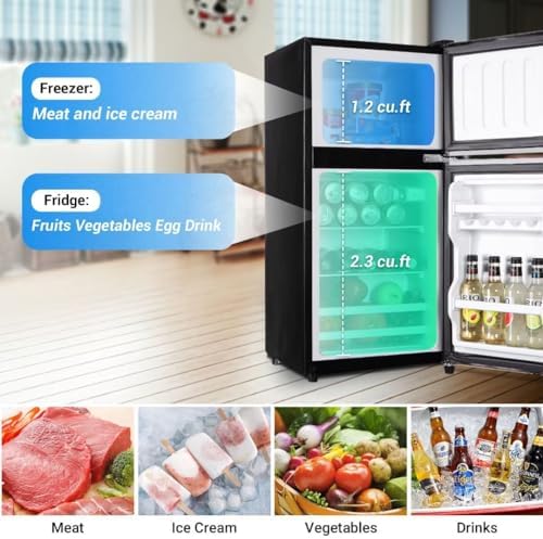 Portable Refrigerator, Compact Fridge with Freezer 3.5 Cu.Ft, Fridge, Small Refrigerator, Office Fridge, 2 Doors, 2 Removable Glass Shelves for Kitchen, Bedroom, Office, Dormitory, Bar, Black 4 512Pw62bQCL. AC