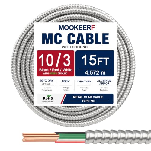 Image of MOOKEERF 10 /3 MC Cable with Ground - 15FT Pure Copper 10AWG /3 Metal Clad Wire with Aluminum Armor 10 Gauge 3 Conductor Type MC Alum Cable