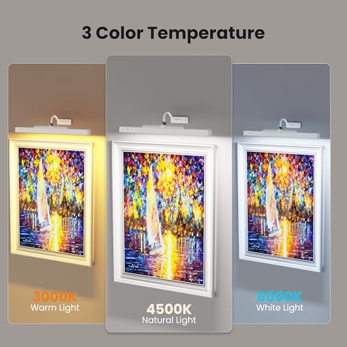 Image of Cordless White Picture Lights for Wall Artworks - Wireless Remote, 3 Modes Dimmable 350LM Above Frame Lighting, 5000mAh Rechargeable Battery Wall Mount for Photo, Gallery,Paintings,Dartboard(2-Pack)