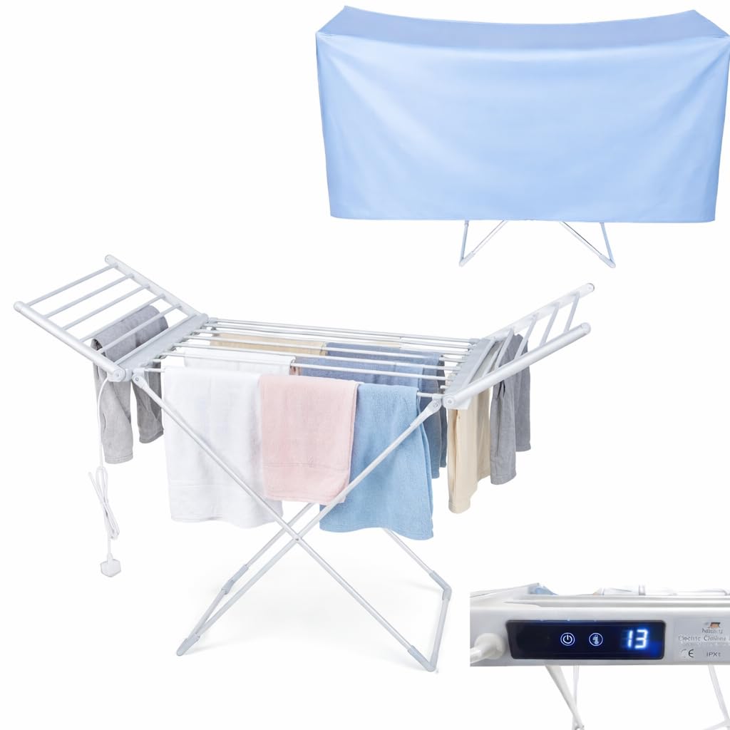 Houszy Grey Electric Heated Clothes Airer With Cover, Touch Screen & Led Display, 30–60°C Temperature Control, 1–12H Timer, Foldable Indoor Dryer Rack, 20 Heated Bars, 230W