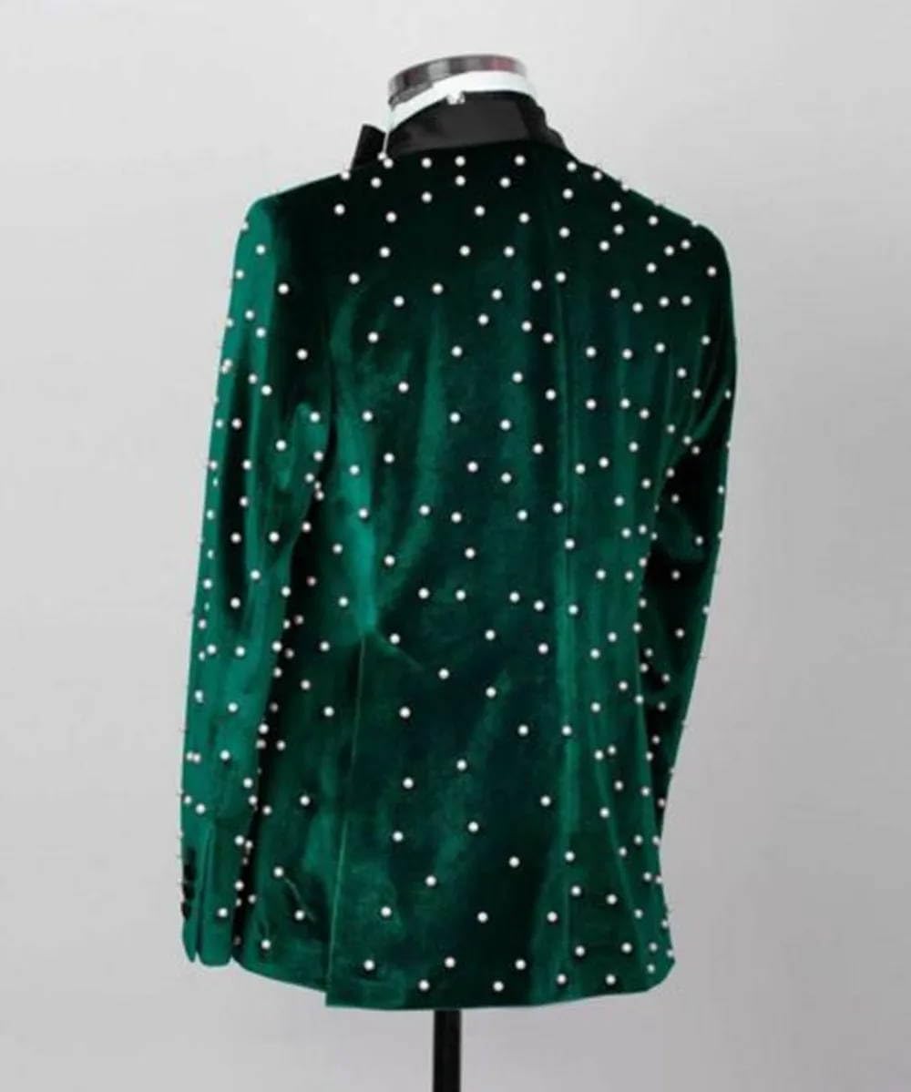 Men's Velvet Tuxedo Suit 2 Pieces Blazer with Full of Peals and Black Trousers