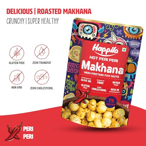 Image of Happilo Premium Super Snack Makhana Peri Peri 55g (Pack Of 3), Roasted Foxnut Healthy Snack Low Calorie and Vegan