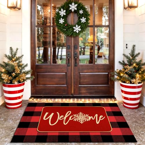 クリスマス ドアマット コンボセット - クリスマス ウェルカムマット + 68 x 43インチ 赤と黒の格子柄ラグ、新年 ホリデー クリスマス コレクション ドアマット レイヤードエントランス 装飾 屋内 屋外用 [3]