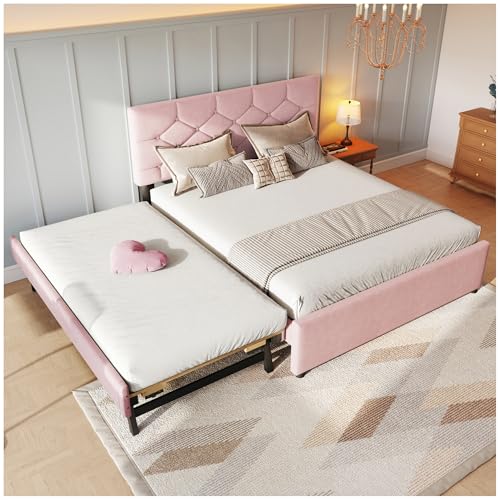 Wyibwy cama matrimonio acolchada 140 x 200 cm, cama nido con ruedas, 1.5 plazas, tela de terciopelo, (sin colchón) (rosa, 140 x 200 cm)