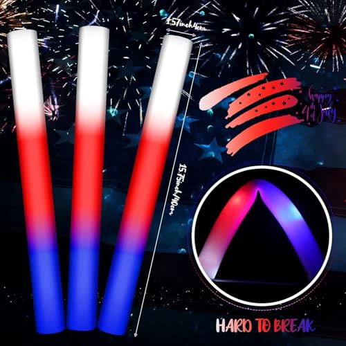 Image of Junkin 36 Pcs 4th of July Glow Sticks Bulk 15. 8 inch Independence Day Red White and Blue LED Foam Lighted Sticks Patriotic with 3 Flashing Modes for Memorial Day Birthday Party