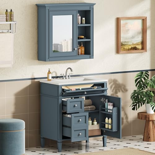 Image of Merax 30 Inch Bathroom Vanity with Sink Set, Modern Bathroom Vanity Storage Cabinet with Matching Mirror Medicine Cabinet, Solid Wood Frame,Painted Finish, 2 Drawers and 1 Tip-Out Drawer, Indigo