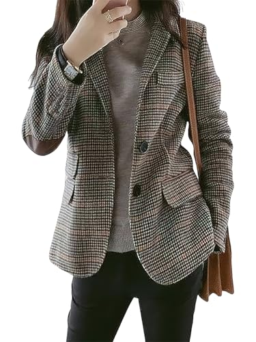 Leyoutx Chaqueta de Lana a Cuadros con Solapa y Muescas para Mujer, Chaqueta Delgada de Manga Larga con Parche en el Codo, Caqui, M