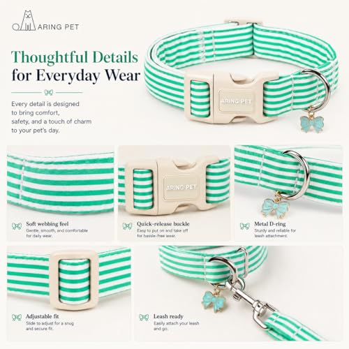 Image of ARING PET Teal Striped Dog Collar for Small Medium Large Boy Girl Dogs-XS | Cotton Fall Winter Puppy Pet Collar for XS S M L XL Dogs, Soft Sturdy Comfortable, Daily Wear Park Play Neighborhood Stroll