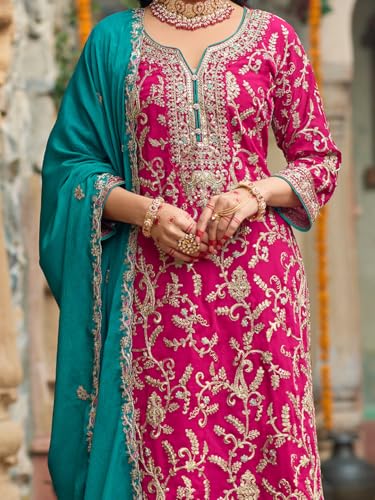 Image of INDO ERA Women's Silk Blend Embroidered Straight Kurta & Pant With Dupatta Set (IEOUT10592)