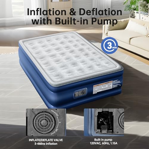 Queen Air Mattress with Built in Pump,18\" Raised Blow up Air Bed,3 Mins Quick Self-Inflation/Deflation,660lbs Max, Strong Support,Foldable Inflatable Mattress for Camping/Home/Guests/Travel