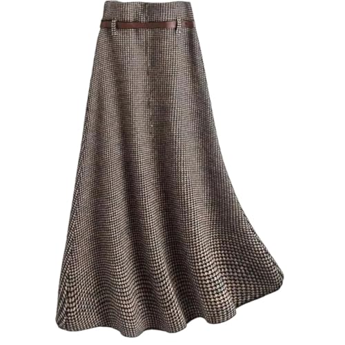 Women's Korean Style High Waist Pocket Retro Plaid Slim Wool A-Line Skirt