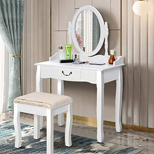 Waterjoy Vanity Set, White Vanity Dressing Oval Mirror Makeup Table With 360 Degrees Rotating Mirror, Makeup Cushioned Stool Wood Dressing Desk With Drawer For Bedroom Furniture #TOP2