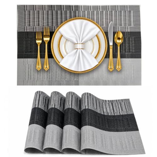 Image of Solitude Set of 4 Dining Table Placemats | Non-Slip PVC Table Mats, Heat Resistant, Washable, Stain-Resistant Surface, (Silver & Black, 45 x 30 cm)