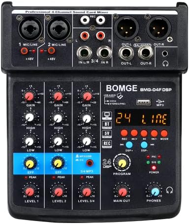 BOMGE 4 Channel mini DJ Audio Sound Mixer Interface with MP3、 USB, Bluetooth, Stereo Recording, 48V Phantom Power, 24 DSP for karaoke, performance, church singing 、 podcas streaming
