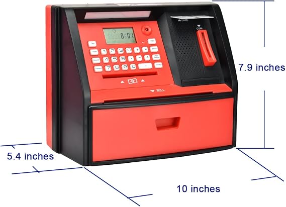 ATM Piggy Bank for Kids, Electronic Money Bank with Coin Counter, Card & Password, Mini ATM Machine Birthday Gift for Boys and Girls Fun Educational Savings Toy (Black/Red)