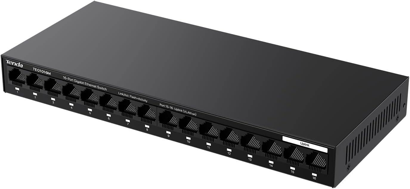 Tenda TEG1016M, 16 Port Gigabit Switch, Unmanaged Ethernet Switch with Traffic Optimization, Plug & Play, Fanless & Metal Design Network Switch, Limited Lifetime Protection