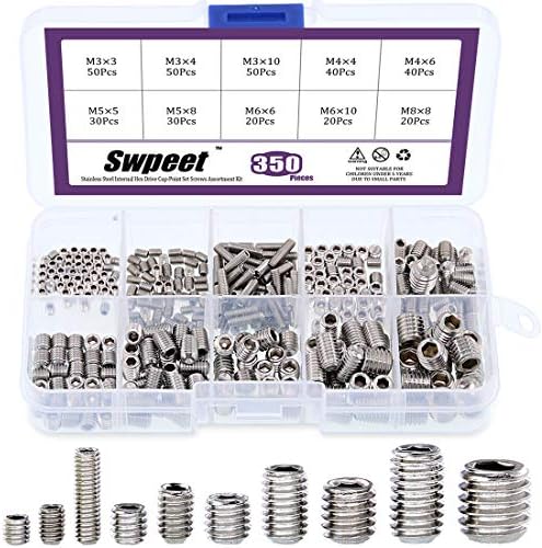 Swpeet 350 Pcs Stainless Steel Allen Head Socket Hex Grub Screw Assortment Kit, Including 10 Sizes M3/4/5/6/8 Stainless Steel Internal Hex Drive Cup-Point Set Screws for Door Handles