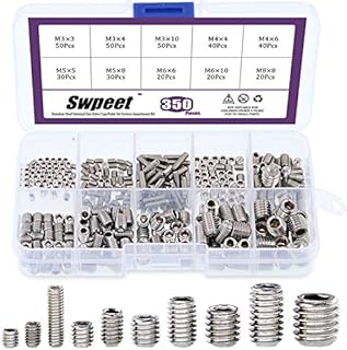 Swpeet 350 Pcs Stainless Steel Allen Head Socket Hex Grub Screw Assortment Kit, Including 10 Sizes M3/4/5/6/8 Stainless Steel Internal Hex Drive Cup-Point Set Screws for Door Handles