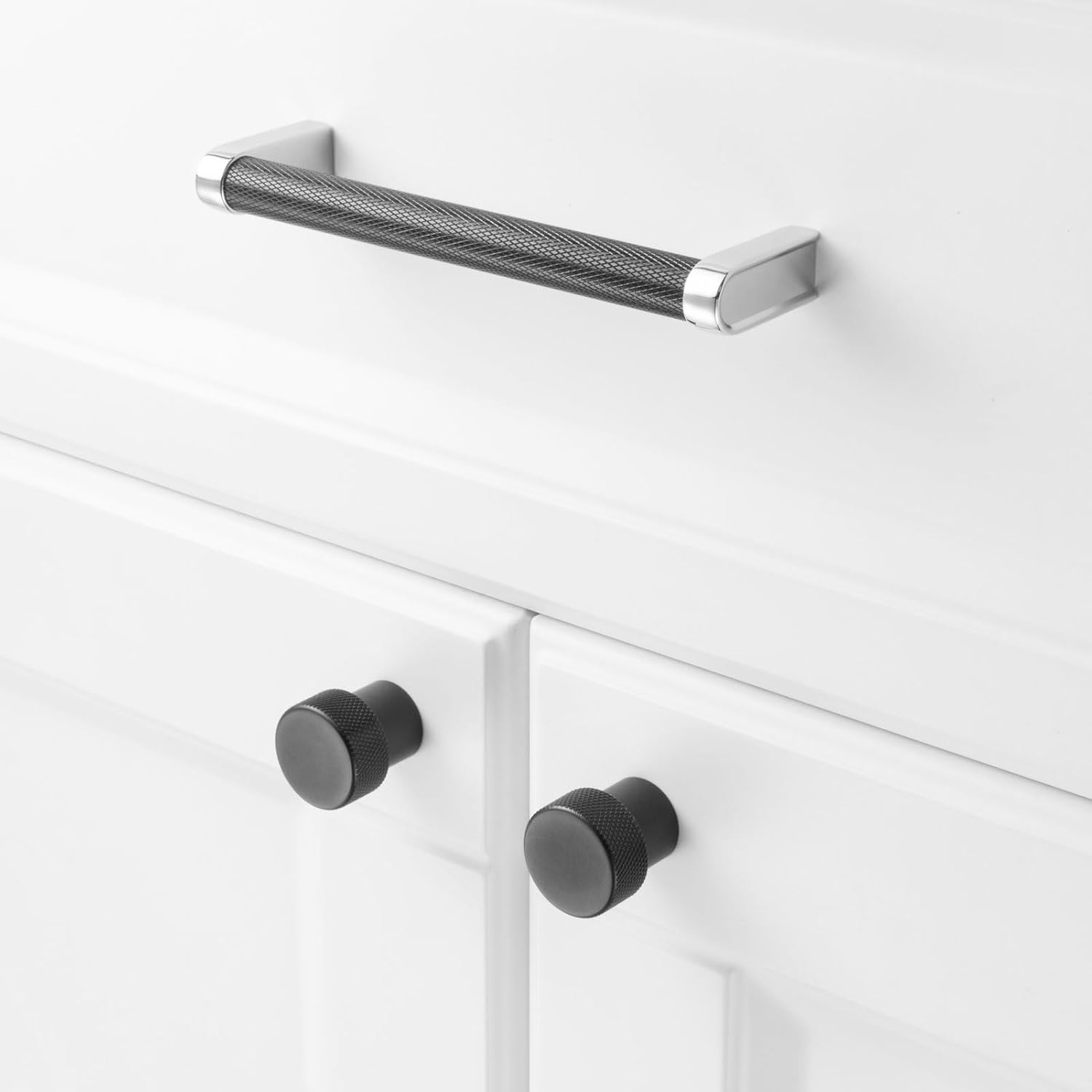 KOOFIZO Black and Chrome Cabinet Pulls, 10-Pack Knurled Cabinet Handles, 5 Inch Screw Spacing, P28 Hardware for Kitchen Cupboard Door, Bedroom Dresser Drawer, Bathroom Furniture