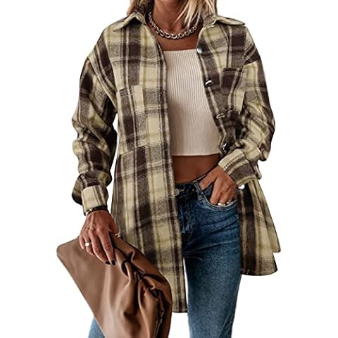 SAFRISIOR Women’s Flannel Plaid Shirts Oversized Batwing-Sleeve Button Down Long Sleeve Collar Shirt Blouse Tops, Coffee Brown, Large Cover