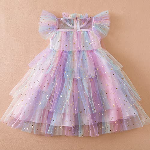 Nileafes Girl Layered Dress Kids Sequin Mesh Tiered Summer Casual Dresses Size130 (5-6 Years,1952 Pink-N) #TOP1