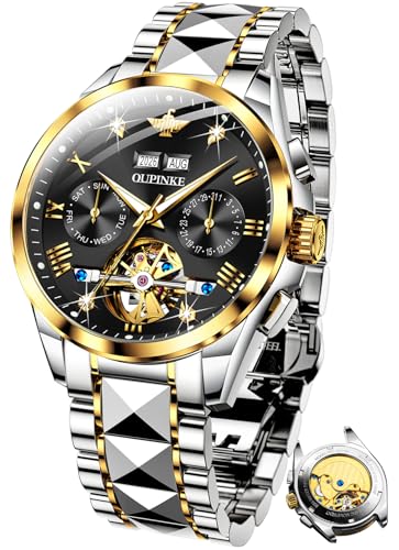 Image of OUPINKE Mens Automatic Watch Diamond Skeleton Mechanical Self Winding