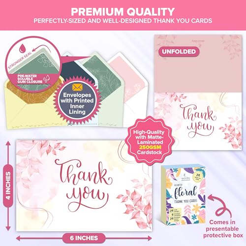Decorably 24 Pack 6x4in Floral Assorted Thank You Cards with Envelopes and Stickers, 24 Unique Floral Designs Thank You Card Assortment, Blank Inside - Wedding, Birthday