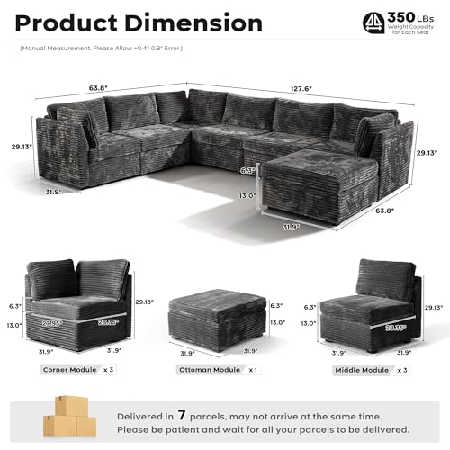 Image of ovios Modular Sectional Sofa Couch with Sofa Bed U-Shape Chaise, Comfy Plush Corduroy Cloud Couches, Modern Luxury Deep Seat Sofas Set for Living Room, 7-Seater, Grey