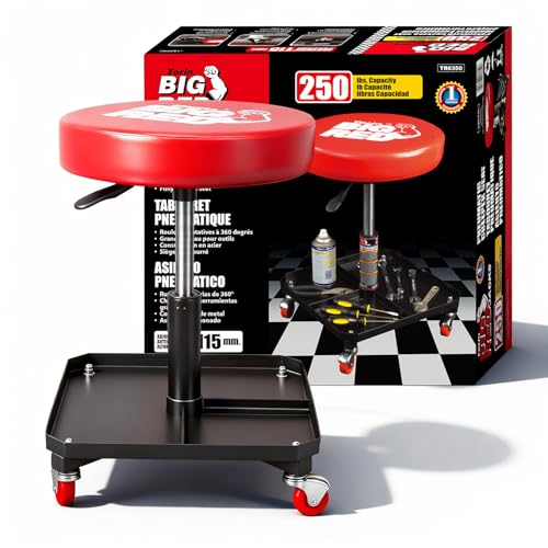 Image of Big RED Rolling Mechanic Stool with Tool Tray, Pneumatic Garage Seat, Adjustable Height Form 17 inch-22 inch,Storage Workshop Chair for Auto Repair