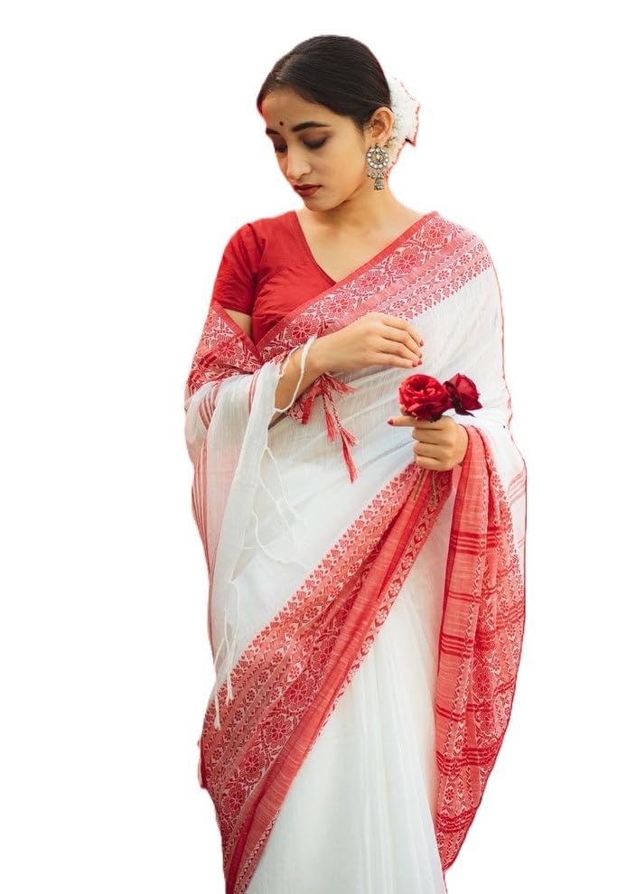 Women's Handloom Cotton Tant Saree with Red Floral Border | Traditional Bengali White and Red Sari for Puja & Festivals-picture-17