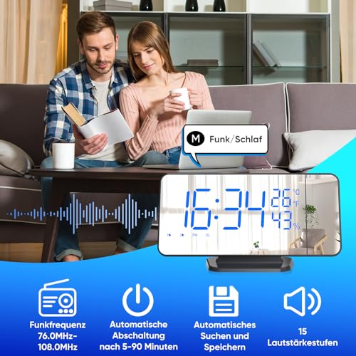 TAKRINK Projektionswecker Radiowecker mit 4 Stufen Bildschirmhelligkeit Digitalwecker mit 12 / 24H Projektionsanzeige 15 Lautstärkestufen 180° Projektor für Erwachsene, Kinder