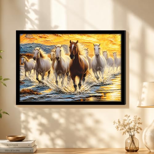 Image of PAINTINGMANTRA 9 Running Horses Vastu Framed Wall Art Painting For Living Room| Strength & Forward Energy Nine Horse Poster with frame for Wall, Decoration item for bedroom, 13x17.5 Inch