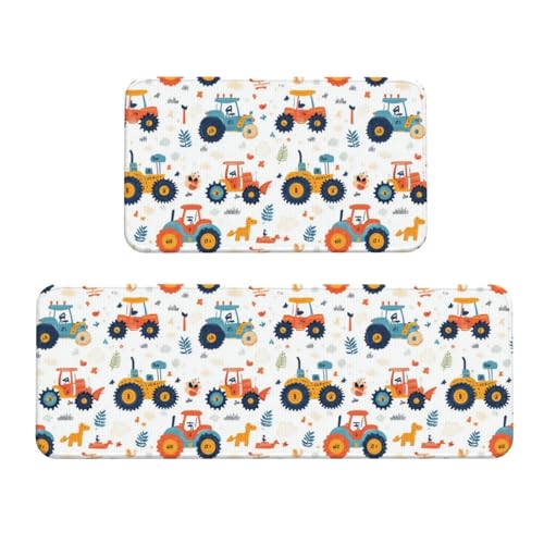 GVYGVY Antifatigue Kitchen Mats for Floor 2 Piece - Cute Cartoon Tractor Print Kitchen Rugs Washable, Non Slip Runner Rug Standing Mat for Office/Bathroom/Laundry/Home Decor and Accessories