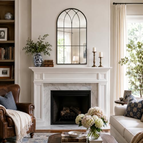 Image of Uniclinens Window Arched Wall Mirror - Large Farmhouse Black Cathedral Gothic Mirror for Wall Decor with Arched Metal Window Pane Frame, Ideal for Entryway, Fireplace, Living Room, Bathroom 40 inchX24 inch