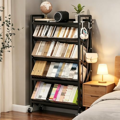 5-Tier Rolling Metal Book Cart with Wheels, Adjustable Library Bookshelf Organizer Rack with Hooks, Large Capacity Portable Book Storage for Home, Office, School (Black, 90cm)