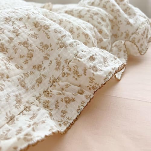 Image of BuLuTu Soft Cotton Muslin Duvet Cover Girls Kids Floral Duvet Cover Beige Crib Bedding Comforter Cover Quilt Cover, 47 inchx59 inch, Camellia Print (Pillowcases Not Included)
