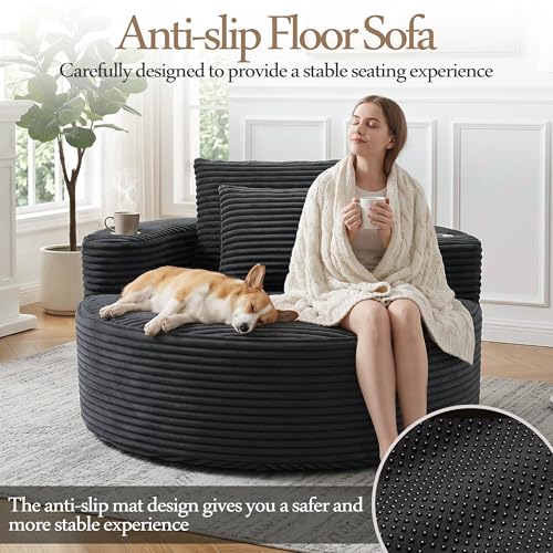 Image of Trustyue Boneless Couch,Comfy Fluffy Sofa Bed,Upholstered Sleeper Sofa with Cup Holder and Throw Pillows,Corduroy Plush Cloud Lounge Chair