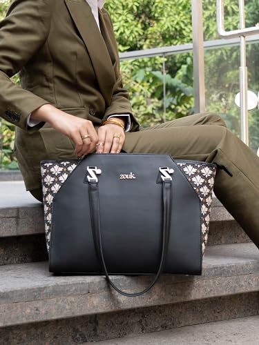 Image of ZOUK Printed Jute Handcrafted Vegan Leather Black Women's Check-point Friendly Classic Business Bag
